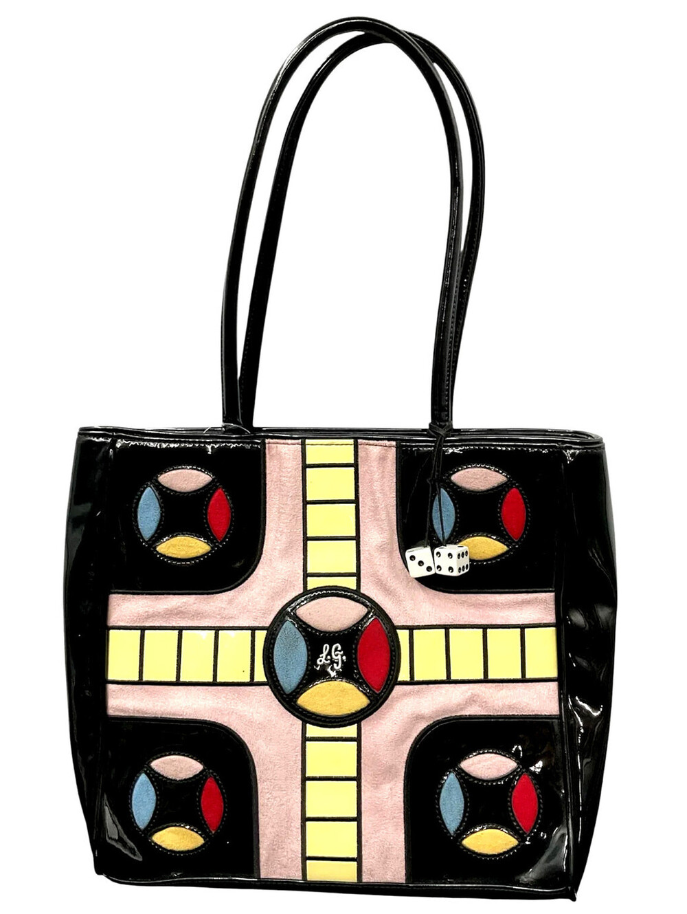 Lulu Guinness Vintage Black Patent Leather Tote Bag with Colorful Game Board Mot
